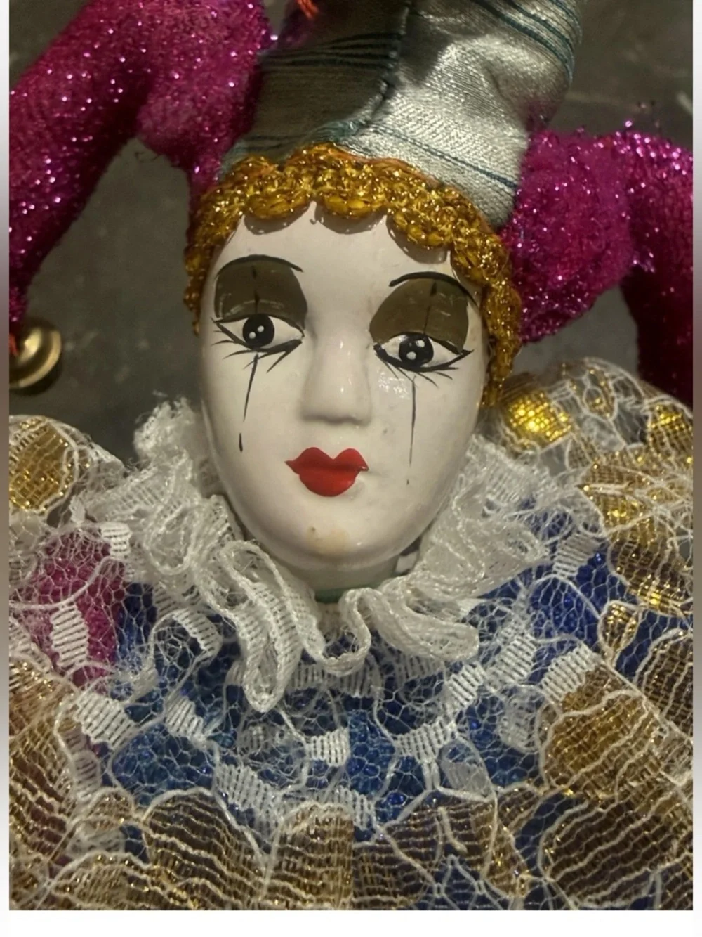 Vintage 11” Jester Painted Porcelain Clown Doll Blue, Pink/Purple, Gold